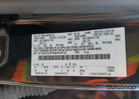 2016 Ford F150 Supercrew из США, поврежденный, VIN 1FTEW1CP7GKF63712